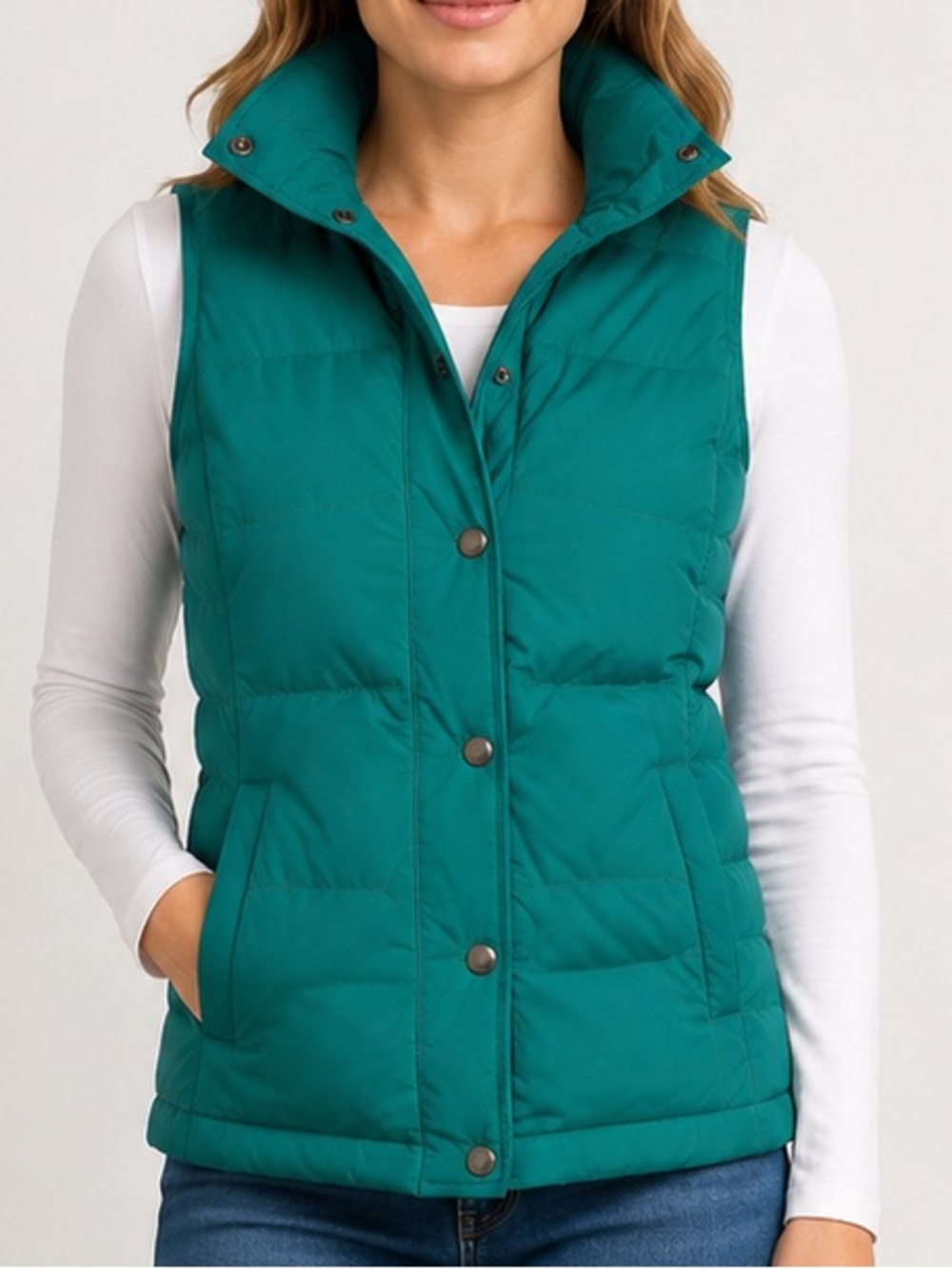 Lands’ End Down Puffer Vest Women’s XS Petite Green Quilted Snap Zip